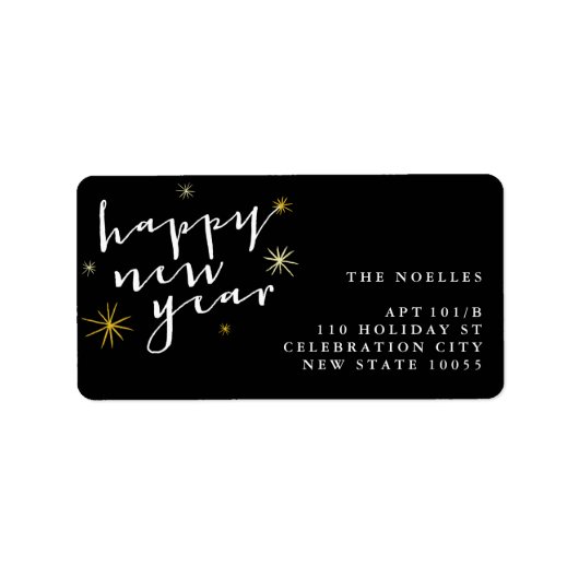 Happy New Year Moderne Script Chic Gold Starburst Etiket (Voorkant)