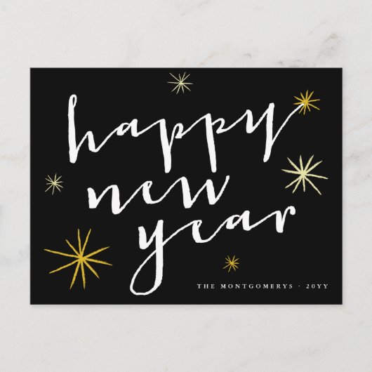 Happy New Year Moderne Script Chic Gold Starburst Feestdagenkaart (Voorkant)