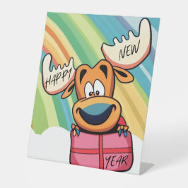 Happy New Year Moose - Feestelijke feestviering On Reclamebord Met Voetstuk