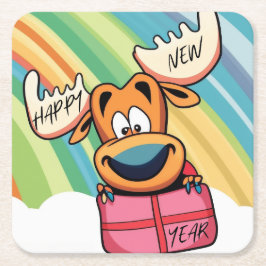 Happy New Year Moose - Feestelijke feestviering On Vierkante Kartonnen Onderzetter