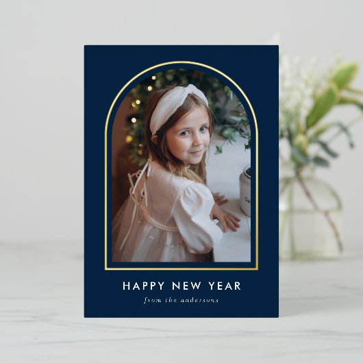 Happy New Year Navy Arch Foto Folie Feestdagenkaart (Staand Voorkant)
