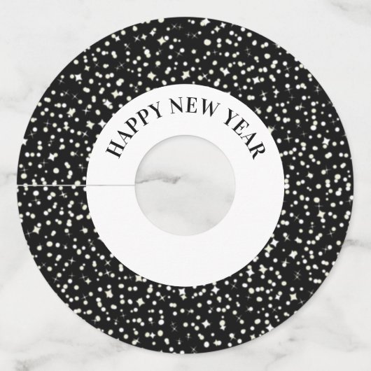 Happy New Year Party Confetti Stars Zwart Wit Wijnglaslabel (Voorkant)