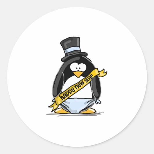 Happy New Year Penguin Ronde Sticker (Voorkant)