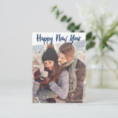 Happy New Year Photo Blue Script Modern Holiday Briefkaart (Staand voorkant)