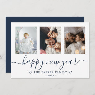 Happy New Year Photo Collage Blue Card Aankondiging
