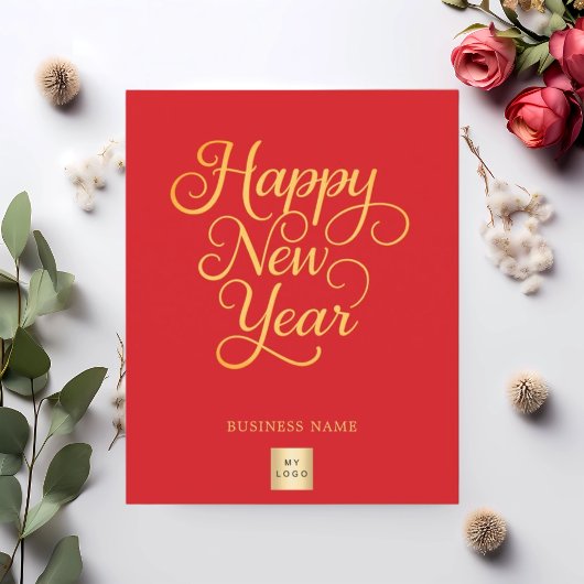 Happy New Year red gold script business logo Flyer