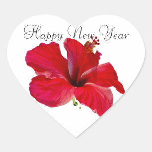 Happy New Year Red Hibiscus Hart Sticker