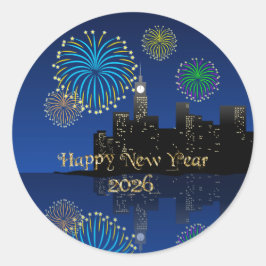 Happy New Year’s Eve Midnight Fireworks City Light Ronde Sticker