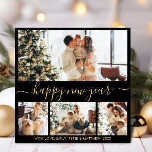 Happy New Year Script Black Gold 4 Photo Collage Feestdagenkaart