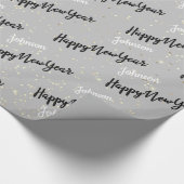 Happy New Year Script Custom Name Grey Gold Cadeaupapier (Hoek)