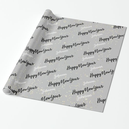 Happy New Year Script Custom Name Grey Gold Cadeaupapier (Uitgerold)