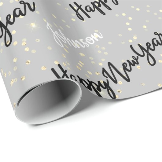 Happy New Year Script Custom Name Grey Gold Cadeaupapier (Rol Hoek)