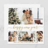 Happy New Year Script Gold White 4 Photo Collage Feestdagenkaart (Voorkant / Achterkant)