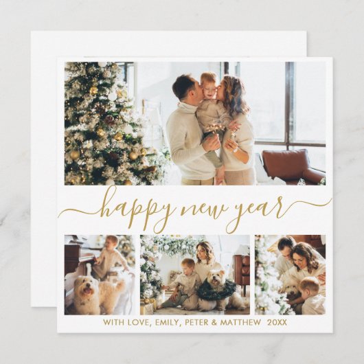 Happy New Year Script Gold White 4 Photo Collage Feestdagenkaart (Voorkant / Achterkant)