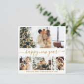 Happy New Year Script Gold White 4 Photo Collage Feestdagenkaart (Staand voorkant)