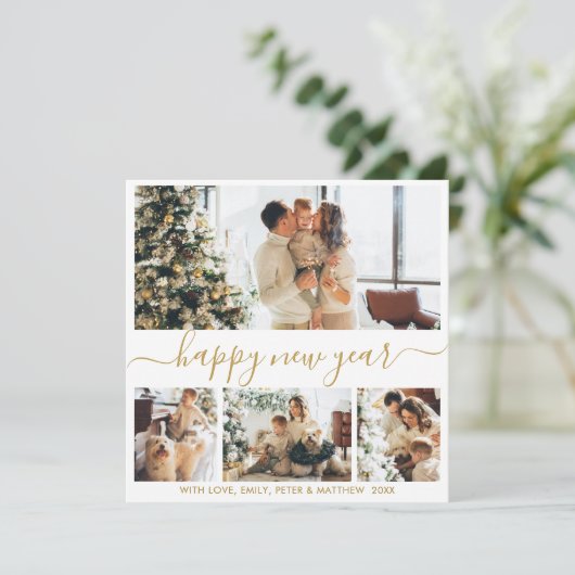 Happy New Year Script Gold White 4 Photo Collage Feestdagenkaart (Staand voorkant)