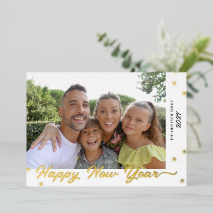 Happy New Year Script Photo Gold Folie Feestdagenkaart