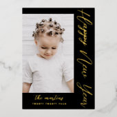 Happy New Year Script Two Photo Black Folie Feestdagenkaart (Voorkant)