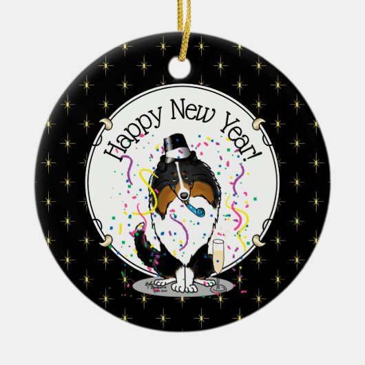 Happy New Year Shetland Sheepdog (drie kleuren) Cu Keramisch Ornament (Voorkant)