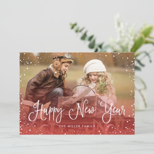 Happy New Year Sneeuwfoto Feestdagenkaart (Staand voorkant)