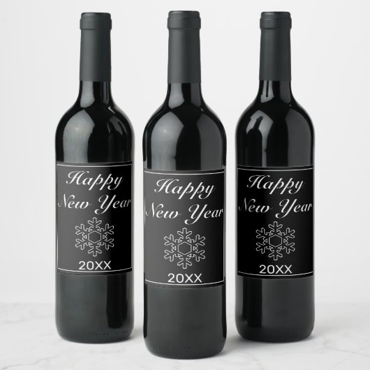 Happy New Year Snow Flake Modern minimalist Black Wijn Etiket (Flessen)