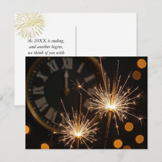 Happy New Year Sparklers On a Midnight Clock Briefkaart (Voorkant / Achterkant)