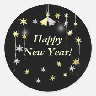 Happy New Year Stars en Bells op zwart Ronde Sticker