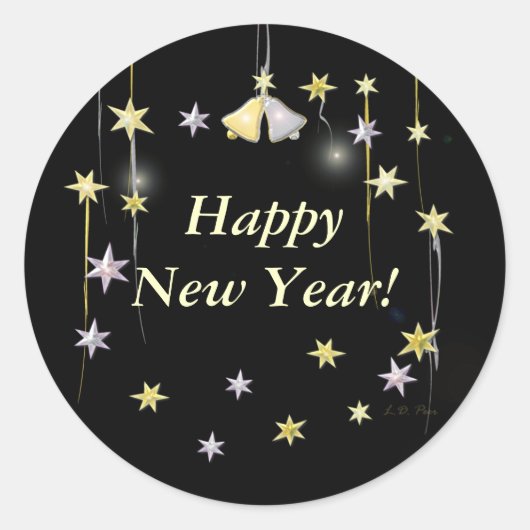 Happy New Year Stars en Bells op zwart Ronde Sticker (Voorkant)