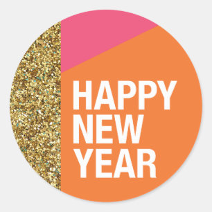 Happy New Year Sticker, Gold Glitter, kleurenblokk Ronde Sticker