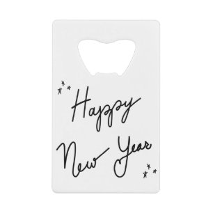 Happy New Year sticker typografie, minimale inkt Kredietkaart Flessenopener