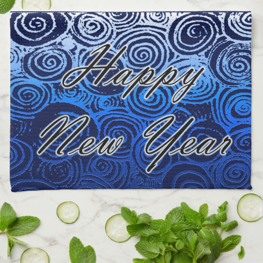 Happy New Year Swirls Blue Theedoek (Gevouwen)