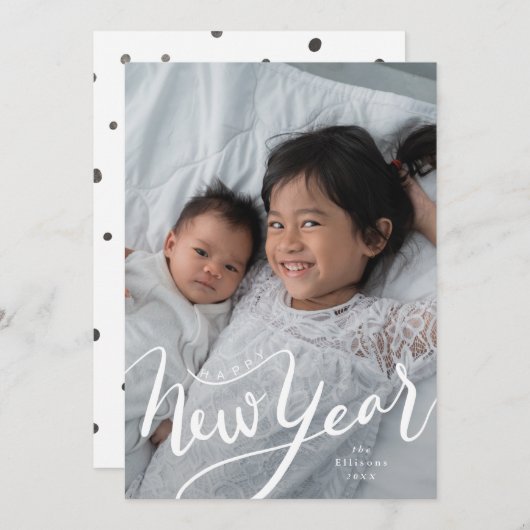 Happy New Year Typography Script Photo Feestdagenkaart (Voorkant / Achterkant)