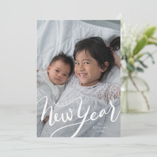 Happy New Year Typography Script Photo Feestdagenkaart (Staand voorkant)