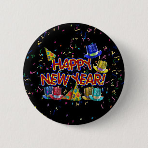 Happy New Years Tekst met partijPetten & Confetti Ronde Button 5,7 Cm