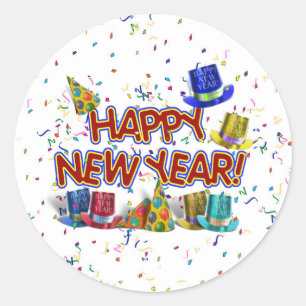 Happy New Years Tekst met partijPetten & Confetti Ronde Sticker