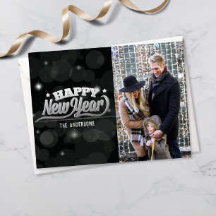 Happy New Years Typografie   Foto   Zwarte Bokeh Briefkaart