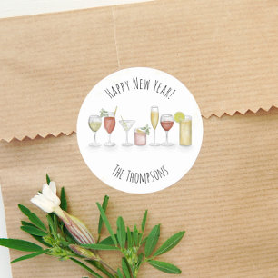 Happy New Years Waterverf Cute Cocktail Drinken Ronde Sticker