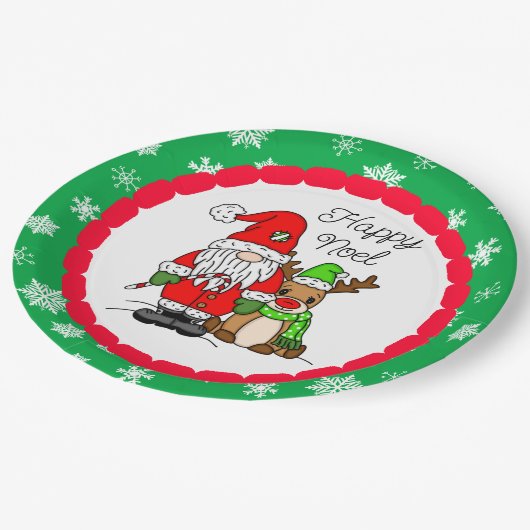 Happy Noel Gnome Santa en Reindeer Kerstmis Papieren Bordje (Gekanteld)