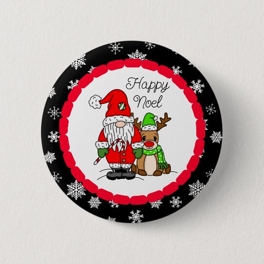 Happy Noel Gnome Santa en Reindeer Kerstmis Ronde Button 5,7 Cm (Voorkant)