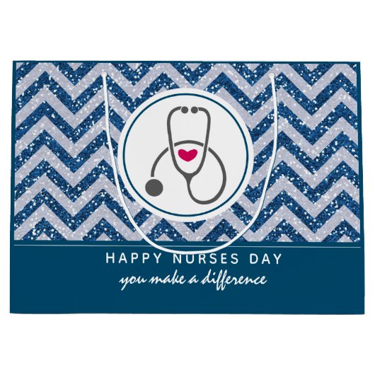 Happy Nurses Day Stethoscope op Blue Chevron Groot Cadeauzakje (Voorkant)