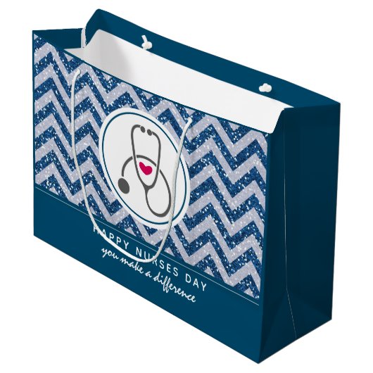Happy Nurses Day Stethoscope op Blue Chevron Groot Cadeauzakje (Voorkant Gekanteld)