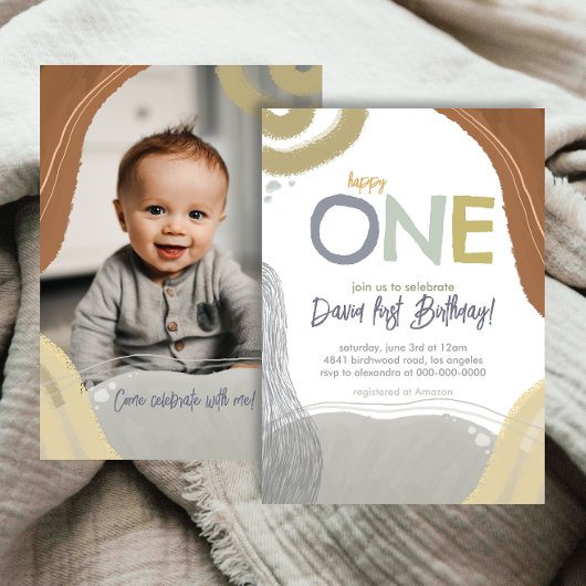 Happy One First Birthday Photo boy Invitation