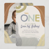 Happy One First Birthday Photo boy Invitation (Devant / Derrière)