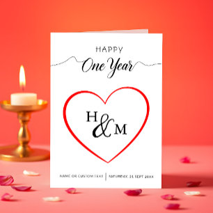 Happy One Year Elegant Monogram Hart Jubileum Kaart