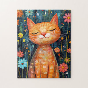 Happy Oranje Cat Whimsical Flowers Legpuzzel