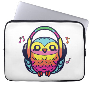 Happy Owl met hoofdtelefoons die naar muziek luist Laptop Sleeve