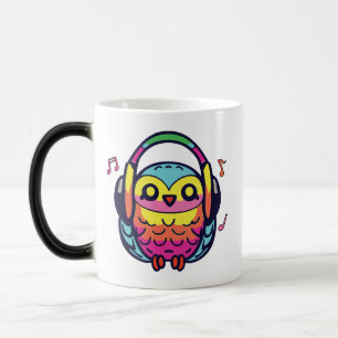 Happy Owl met hoofdtelefoons die naar muziek luist Magische Mok