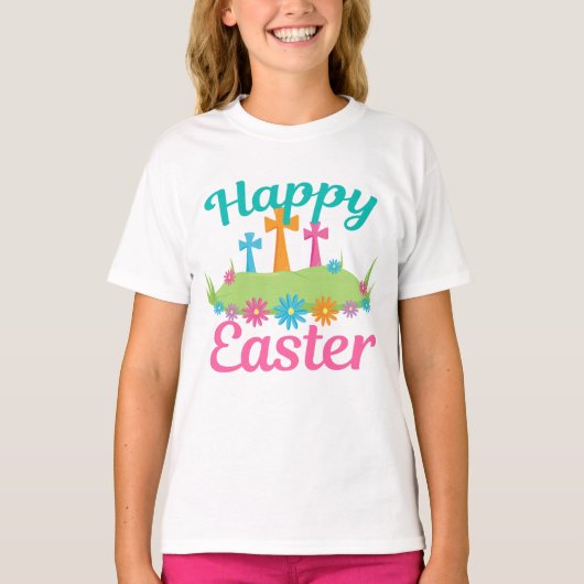 Happy Paasbloemen Christelijk Cross Schattig Kinde T-shirt (Voorkant)