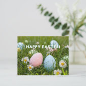 Happy Paaskleurige paaseieren en Daisy Flower Feestdagenkaart (Staand voorkant)
