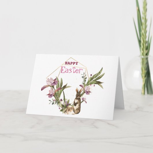 Happy Paast Bunny Violet Magnolia Gold Wreate Feestdagen Kaart (Voorkant)